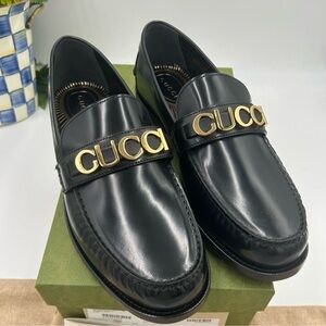 Men’s Gucci, gold logo, embellished, leather loafers size 13 made in Italy